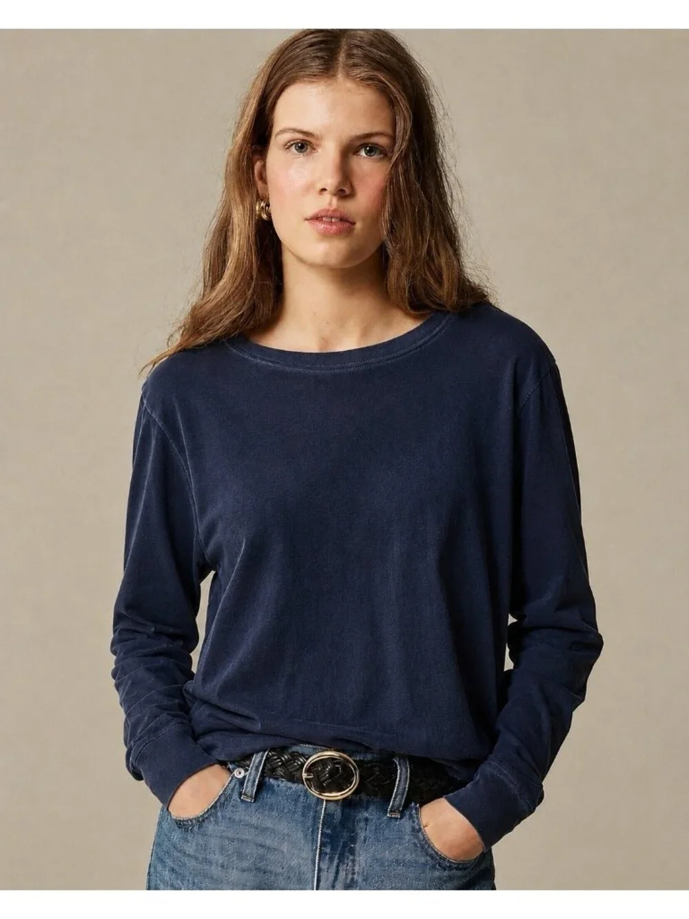 J Crew Womens Vintage Jersey Long Sleeve T-Shirt Sz Medium Navy Blue Cropped